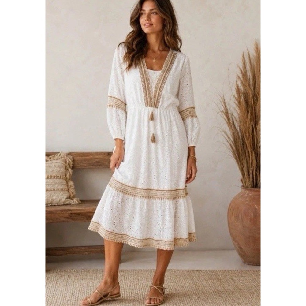 Cato Collection Eyelet Lace Up Midi Dress Tassel Boho Tiered Crochet Prairie M